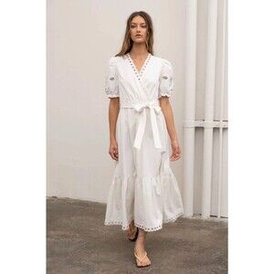 Moon River White Midi Dress Puff Sleeve Eyelet V-Neck Belt White Size S